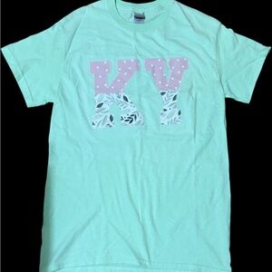 Mint Green Graphic Tee with Letter Embroidered with Polka Dot and Vine Design